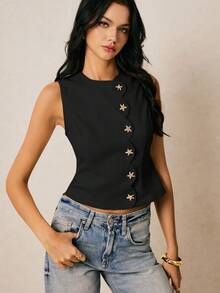 Poéselle Blusa sin mangas de cuello redondo con botones frontales de unicolor para mujer