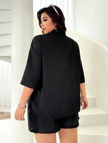SHEIN EZwear Conjunto de 2 piezas de camisa de manga corta y pantalones cortos de unicolor casual de talla grande para verano - Negro - Ver 2