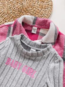 SHEIN Babygirl Plaid Woolen Jacket & Knitted Gray Long Sleeve Jumpsuit Set, Autumn/Winter Fall - Multicolor - View 7