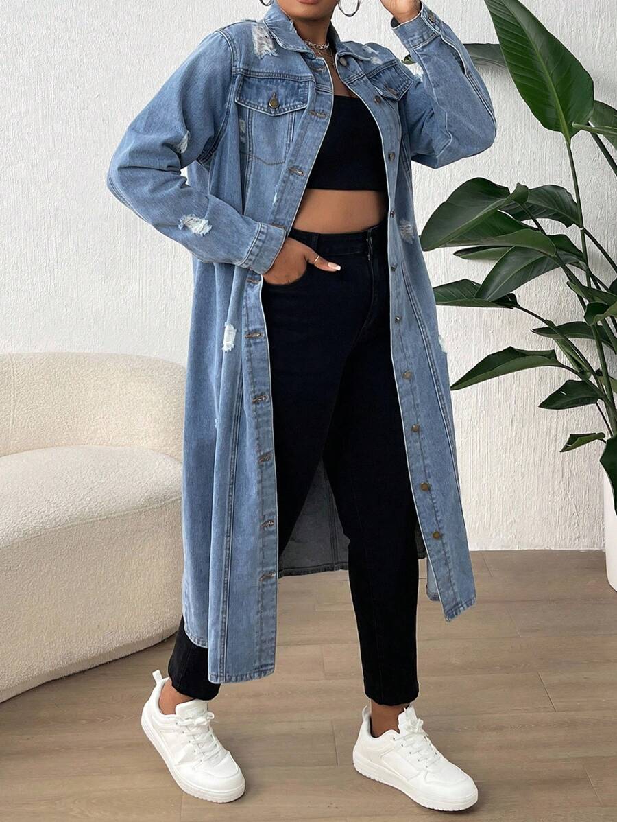 SHEIN Tween Girls 1pc Flap Pocket Casual Washed Ripped Button Front Long Sleeve Pocket Simple Daily Denim Long Coat, Fall Winter Kids Clothes,Hot Pinks Pants, Homecoming Pants, Baggy Jeans, Baggy Girl Jeans, Low Rise Jeans,Business Casual Style Girls Jeans,Fall Clothes Cargo Pants