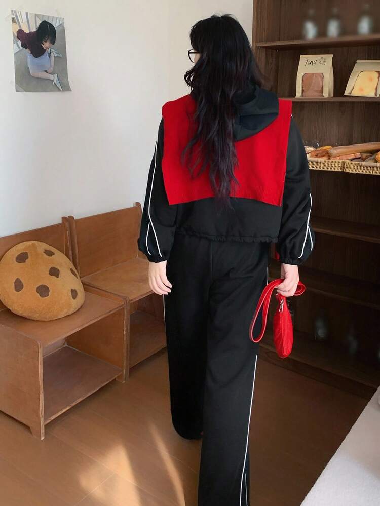 Dazy Plus 2pcs/Set Plus Size Women Hooded Zip-Up Sweatshirt And Sweatpants Casual Sports Set, Spring/Autumn Tracksuits Women Set Lounge Sets For Women