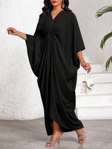 SHEIN Lady 2025 New Women's Casual Loose Bat Wing Sleeve Dress, Black Solid Color, For Holiday Vacation Outfits Women Boho/Bohemia/Boho Women Clothing Halloween  Chic Women's Dress Going Out Outfit - Black - View 4