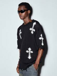 Modcrash Sudadera holgada y desgastada con estampado de cruz, de manga corta, unisex, para uso casual, streetwear, de primavera a verano - Negro - Ver 4