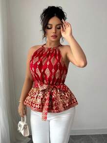 Elenzga Red & Gold Waist Cinched Sleeveless Spaghetti Strap Tie Strap Foil Print Elegant Plus Size Blouse For Women