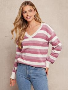Amorya Women's Contrast Color Drop Shoulder Scalloped Hem Sweater, Long Sleeve Top In Fall/Winter - Multicolor - View 5