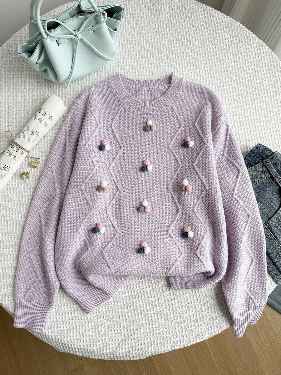 Genkimix Kids 简约紫色扭绳波点可爱女童毛衣 - 淡紫色 - 查看 1