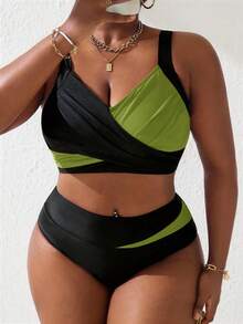 Slaydiva 2pcs Plus Size Women's Black And Pink Cut-Out Ruched Tankini Swimsuit Set, For Summer Beach Holiday - Olive Green - View 4