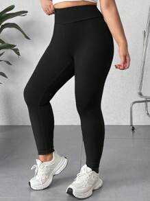 SHEIN EZwear 休闲简约大码保暖内衬宽腰带保暖紧身裤，适合秋冬季 - 黑色 - 查看 4