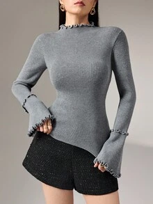 Heiryn Versatile Commute & Casual Wear, Mock Neck Ruffle Trim Flare Sleeve Knit Sweater In Fall/Winter