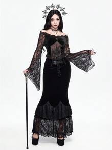 ROMWE EDITION Gothic Palace Mesh Castle Embroidery Contrast Lace Off Shoulder Flare Sleeve Velvet Blouse, Halloween - Black - View 3