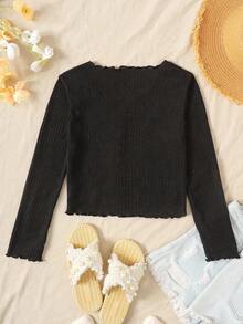 SHEIN Tween Girl Casual Everyday Ribbed Collar Ruffle Trim Fitted Cardigan Fall Winter - Black - View 2