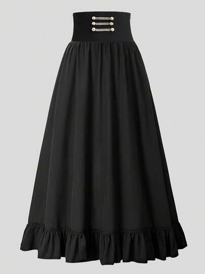 Franclia Women's Black Elastic Waist Vintage Palace Style Elegant Maxi Skirt Fall Cloth For Women