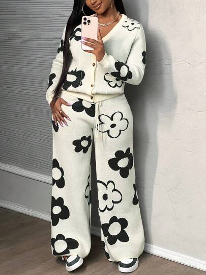 Slaydiva 新年假期新款秋冬休闲简约V领长袖碎花开襟开衫阔腿裤套装