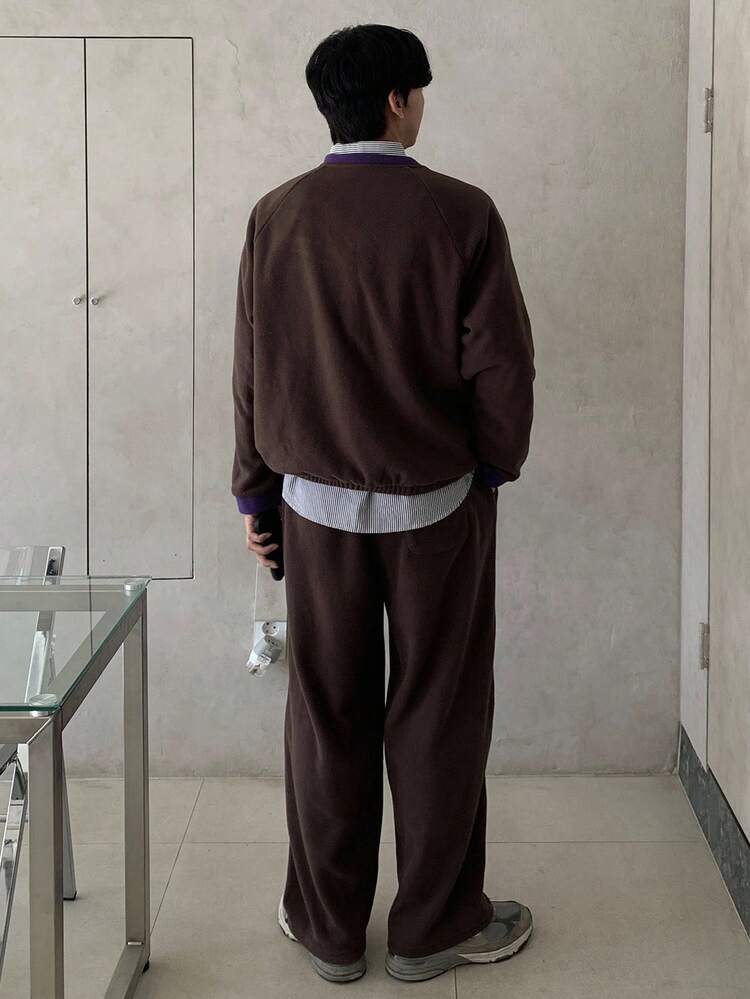 Men's Color Block V-Neck Design T-Shirt Set, Autumn Business Attire