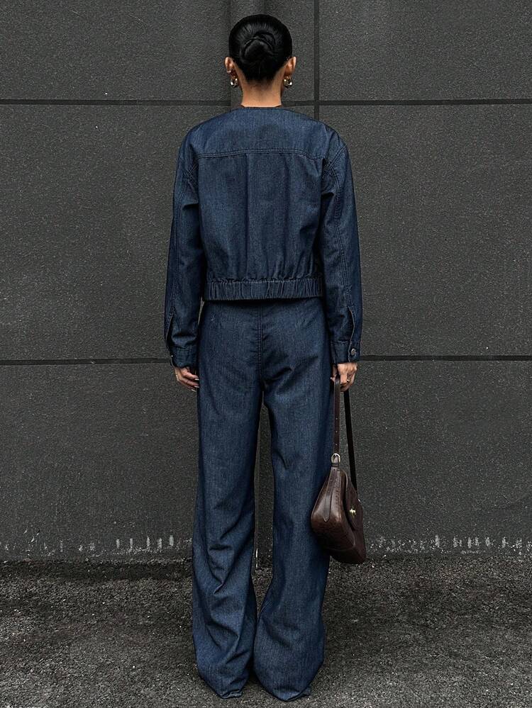 Women's Round Neck Top And Wide Leg Jeans Suit, Autumn