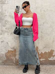 EURMUSE Y2K Grunge Drop Shoulder Open Front Crop Cardigan Without Tube Top - Hot Pink - View 6