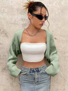 EURMUSE Y2K Grunge Drop Shoulder Open Front Crop Cardigan Without Tube Top - Mint Green - View 11