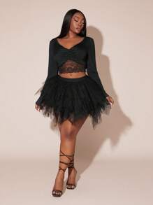 SHEIN SXY Plus Size Women Multi-Layered Ruffle Tulle Skirt, Black Mesh Skirt, Suitable For Date Night, Birthday, Bachelorette Party, Cute, Casual, Shopping, Streetwear, Going Out, Flirty, Easy To Match & Looks Slim, Accentuates Your Body, Flatters The Figure