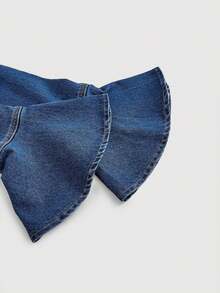 SHEIN MOD Blusa de mezclilla casual con pliegues y manga de campana de mujer para otoño - Azul - Ver 4