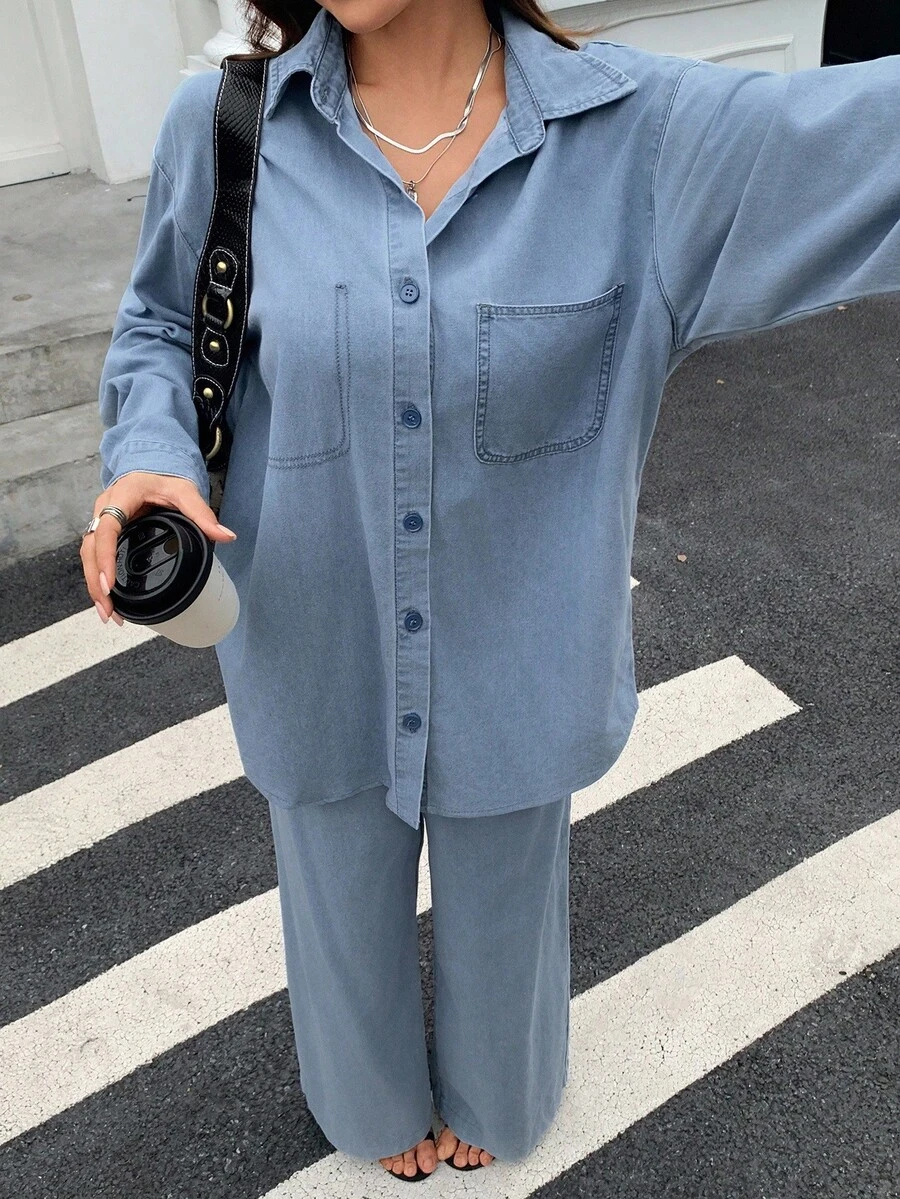 DAZY 女士休闲牛仔时尚两件套，宽松长袖衬衫和阔腿裤，秋季