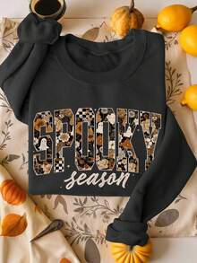EMERY ROSE Mùa ma Halloween, Bí ngô mùa thu, Áo nỉ cổ tròn in họa tiết nhiệt Ghost Mom dành cho nữ - màu đen - Xem 1