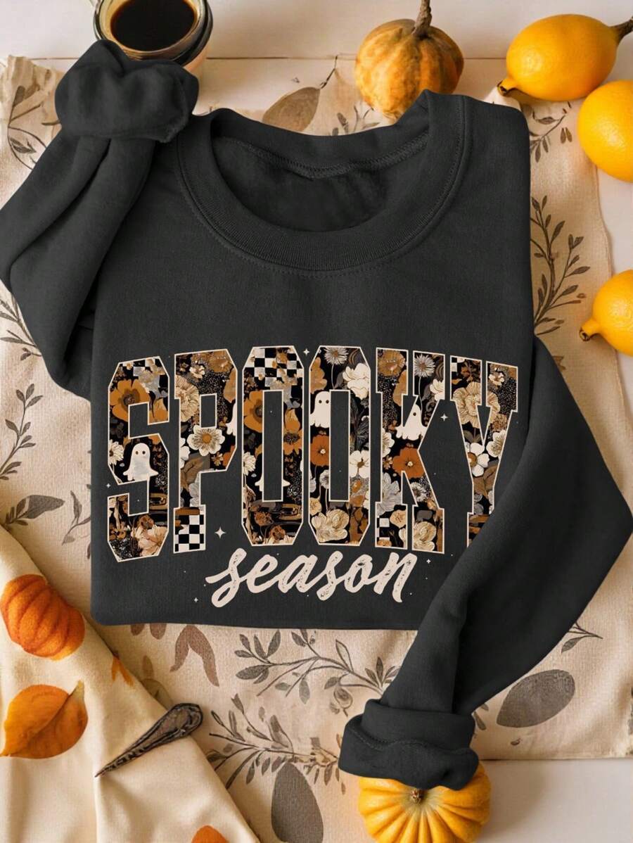 EMERY ROSE Mùa ma Halloween, Bí ngô mùa thu, Áo nỉ cổ tròn in họa tiết nhiệt Ghost Mom dành cho nữ - màu đen - Xem 1