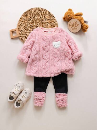 SHEIN 女婴可爱毛绒卡通图案保暖连帽衫套装，秋冬季