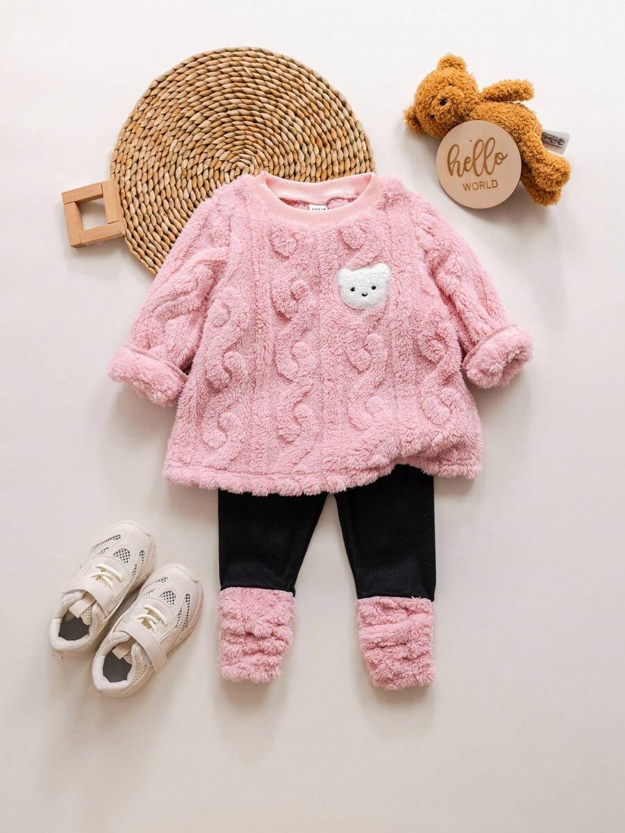 SHEIN 女婴可爱毛绒卡通图案保暖连帽衫套装，秋冬季