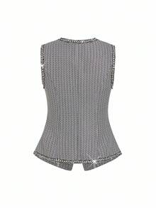 Ellevyn Women's Elegant Sleeveless Round Neck Black & White Ribbon Pearl Button Blouse