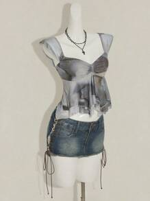 SHEIN ICON T-shirt décontracté fendu imprimé pour femmes - Multicolore - Voir 6