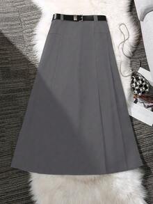 Franclia Plus Size Women Elegant Waist Belt Decor Skirt, Commuter Style Fall Cloth For Women Belt Skirt Pleated Skirt Black Belt Skirt Elegant Skirt Gray Skirt