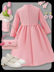 Süßes, niedliches Mädchenkleid mit Rundhalsausschnitt, Langarm und Schleifen-Dekor, in Rosa - Pink - Übersicht 3