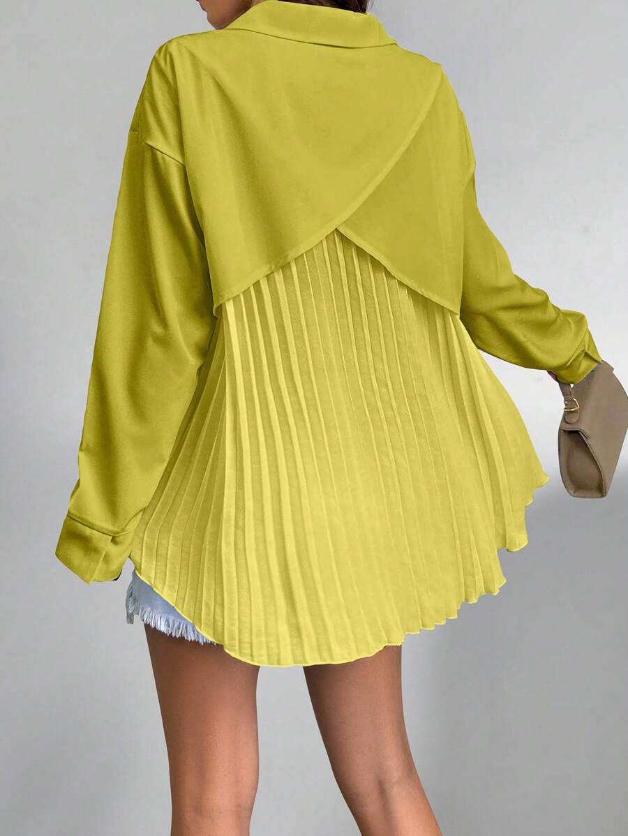 SHEIN LUNE Áo sơ mi nữ tay dài cài nút đơn giản có xếp ly phía sau, áo sơ mi thường ngày cho nữ - Màu Mù tạt vàng - Xem 1
