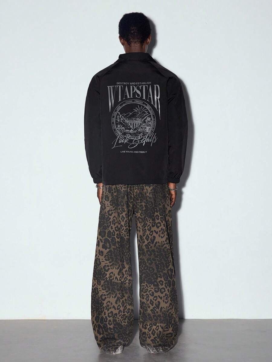 MODCRASH Men's Fashion Street Style Long Sleeve Turndown Collar Printed Casual Jacket Outerwear, Autumn Winter, Streetwear Jacket, Fall Spring To Summer - Black - View 1