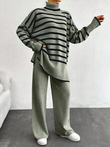 SHEIN Tall 女款條紋高領蝙蝠袖毛衣與純色長褲兩件套，適合高個女性 - 彩色 - 查看 3