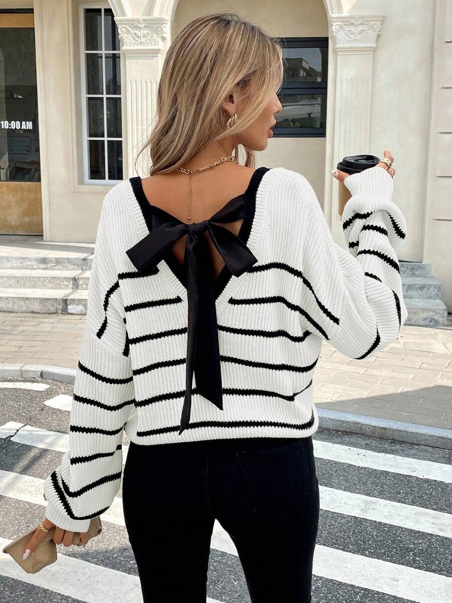 Serisse Casual Commuter Contrast Stripe Tie Back Sweater Autumn Winter Clothes For Women White - White - View 1