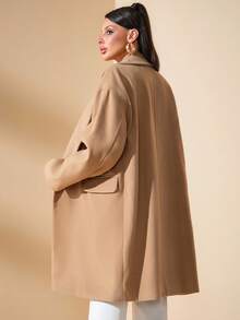 EURMUSE 女士休闲纯色翻领落肩宽松双排扣羊毛大衣 - 米色 - 查看 2
