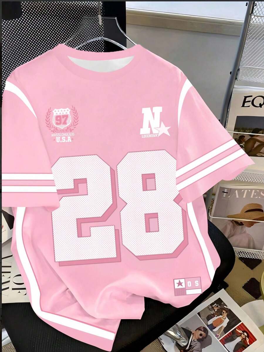 SHEIN 青少年女孩休闲运动时尚数码 28 印花拼色粉色和白色 T 恤,青少年女孩运动图案 T 恤 - 彩色 - 查看 1