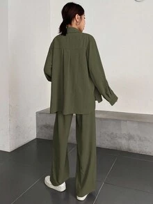 DAZY 女士休闲纯色长袖衬衫长裤两件套，秋季女士家居服套装 - 綠色 - 查看 2