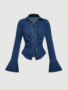 SHEIN MOD Blusa de mezclilla casual con pliegues y manga de campana de mujer para otoño - Azul - Ver 1