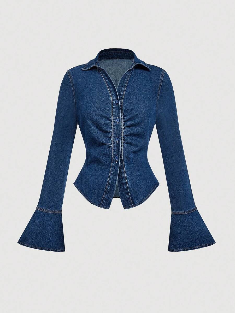 SHEIN MOD Blusa de mezclilla casual con pliegues y manga de campana de mujer para otoño - Azul - Ver 1