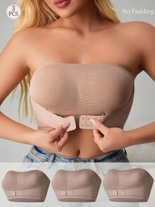 SHEIN 3pcs/Set Women's Seamless Front Closure Camisole Bras - Khaki - View 1