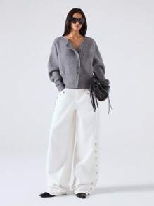 LYSMO 女式纯色落肩长袖单排扣休闲针织开衫，秋冬 - 深灰色 - 查看 5