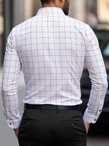 Manfinity Mode 男士白色格子常规版型衬衫，长袖设计，商务风格，男士休闲正装衬衫，男士白色格子衬衫，白色和黑色格子衬衫，男士格子正装衬衫，男士白色格子衬衫，秋季 - 白色 - 查看 2