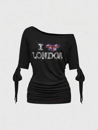J-Fashion Y2K Baddie American Flag English Rhinestone Batwing Sleeve One Shoulder Bodycon Women T-Shirt