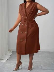 Slaydiva 2025 Neue Frühling/Sommer Damen Große Größen Elegantes Pendler/Date/Büro Figurbetontes Einfarbiges Hellkhaki Gekerbter Kragen Doppelreihiger Gürtel Midi Kleid - B