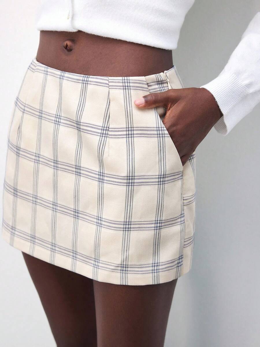 Maija Women's Plaid Pocket Side Zipper Design Short Casual Skirt,Going Out - Apricot - View 1