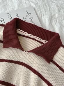 Elamini 女式休闲日常学院风翻领拼色条纹套头毛衣，秋冬 - 彩色 - 查看 4