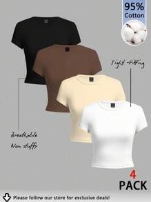 Tseoso 4pcs Set Women Crew Neck Short Sleeve Fitted T-Shirts, Suitable For Summer Suitable For Going Out, Black, White, Brown, Cream Yellow, 95% Cotton, Vintage, Cute Summer Tops, Softgirl, Summer Outing Items, Home, Back To School, Fall Women Clothes, Versatile, Club, Party Crop Tops Women Basic Crop Tops 4 Pack Crop Tops Tight Fitting Crop Tops Women Basic Tees