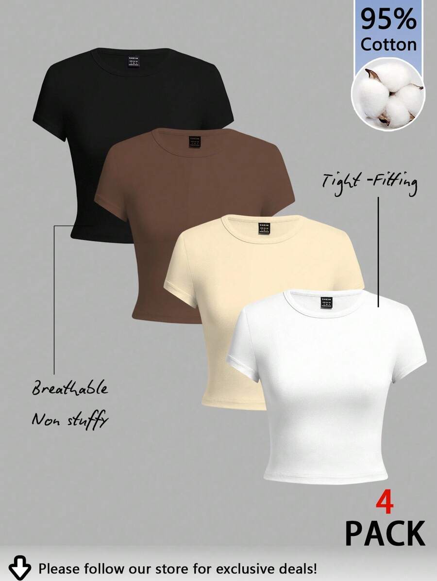Tseoso 4pcs Set Women Crew Neck Short Sleeve Fitted T-Shirts, Suitable For Summer Suitable For Going Out, Black, White, Brown, Cream Yellow, 95% Cotton, Vintage, Cute Summer Tops, Softgirl, Summer Outing Items, Home, Back To School, Fall Women Clothes, Versatile, Club, Party Crop Tops Women Basic Crop Tops 4 Pack Crop Tops Tight Fitting Crop Tops Women Basic Tees